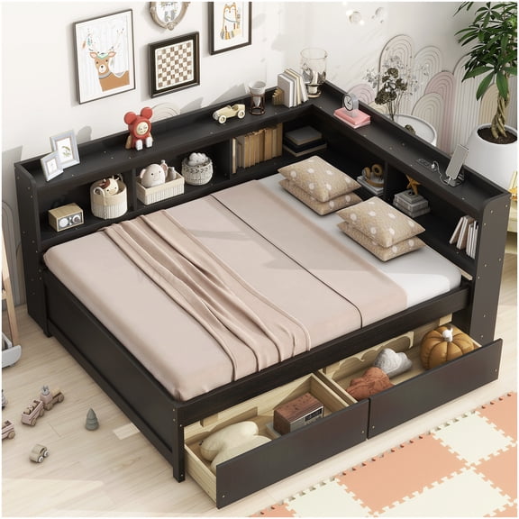 L-Shaped Platform Bed Frame with Charging Station, 2 Storage Drawers, Espresso