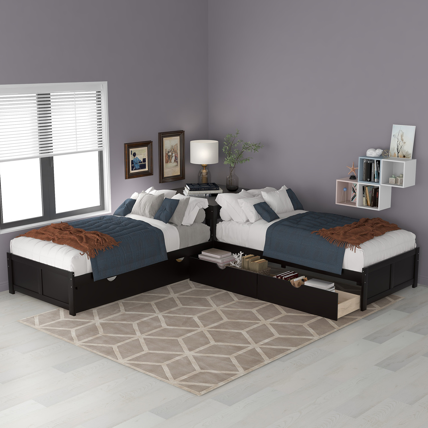 L-shaped Platform Bed with Trundle and Drawers Linked with built-in Desk,Twin,Espresso(Old SKU:SM000916AAP)