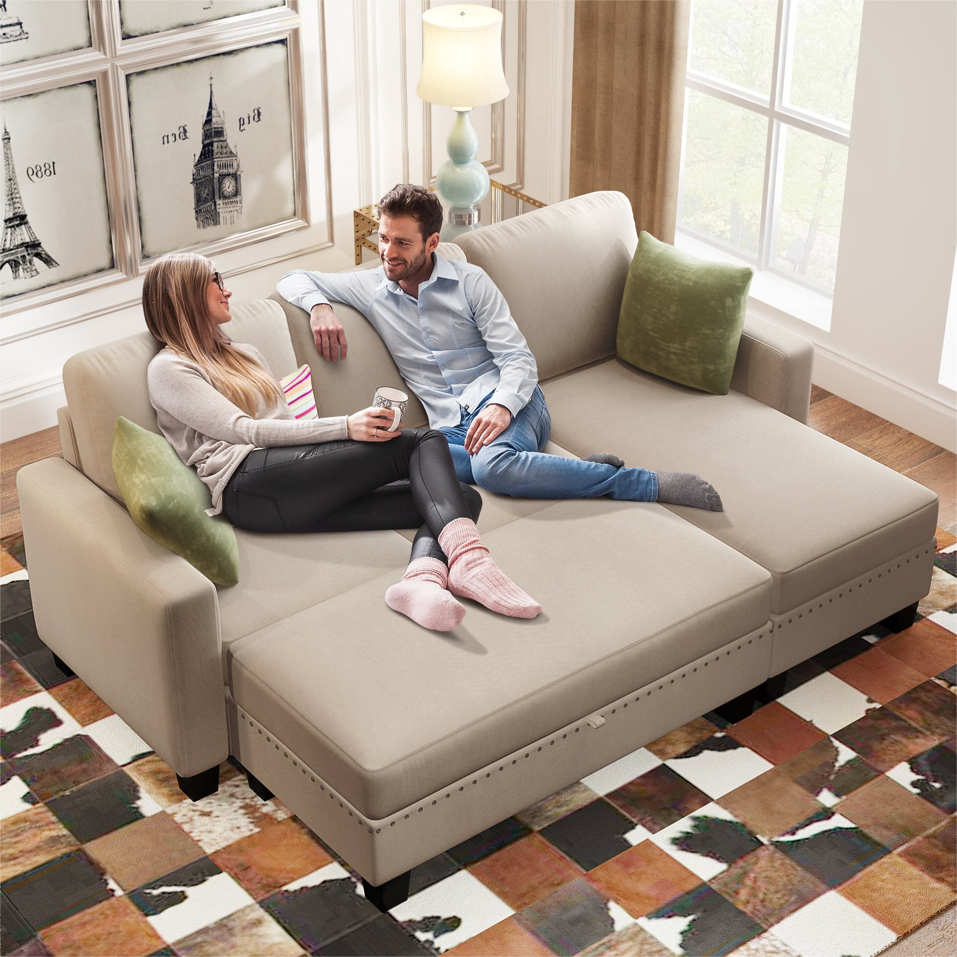 L Shaped Pull Out Couch Bed, Sectional Sleeper Sofa with Storage Chaise ...
