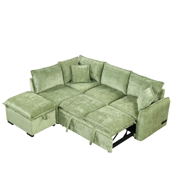 L-Shaped Pull Out Sofa Bed, 82.67" Convertible Sleeper Couch with a Storage Ottoman, 2 Pillows, 2 Power Sockets and 2 USB Ports, Sectional Sofa for Apartment/Dorm/Living Room