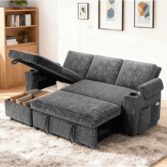 L-Shaped Pull-Out Sofa Bed 82" Sectional Sofa, 5-Position Recline, Flip Storage Recliner, Tool-Free Assembly, Cup Holders, Side Pockets, Reversible Armrests.