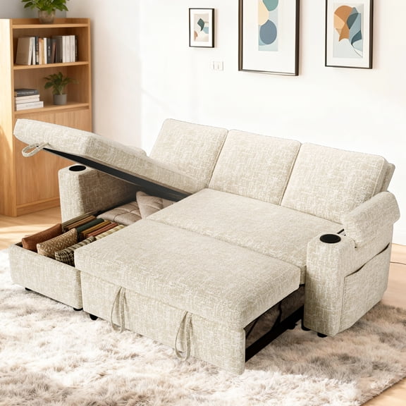 L-Shaped Pull-Out Sofa Bed 82" Sectional Sofa, 5-Position Recline, Flip Storage Recliner, Tool-Free Assembly, Cup Holders, Side Pockets, Reversible Armrests.