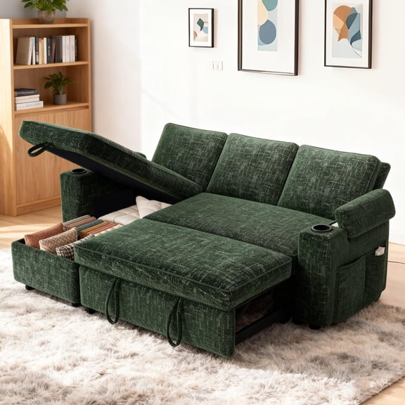 L-Shaped Pull-Out Sofa Bed 82" Sectional Sofa, 5-Position Recline, Flip Storage Recliner, Tool-Free Assembly, Cup Holders, Side Pockets, Reversible Armrests.