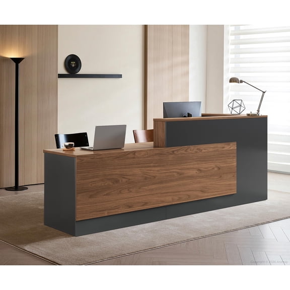L-Shaped Reception Desk with Lockable Drawers and Storage Shelves, Multi-Functional Computer Desk for Office (Left Hand L-Shaped; Dark Walnut & Iron Gray; 71"Lx 24"W x 41"H)