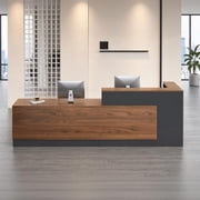 L-Shaped Reception Desk with Lockable Drawers and Storage Shelves, Multi-Functional Computer Desk for Office Left Hand L-Shaped; Dark Walnut & Iron Gray; 87"Lx 24"W x 41"H
