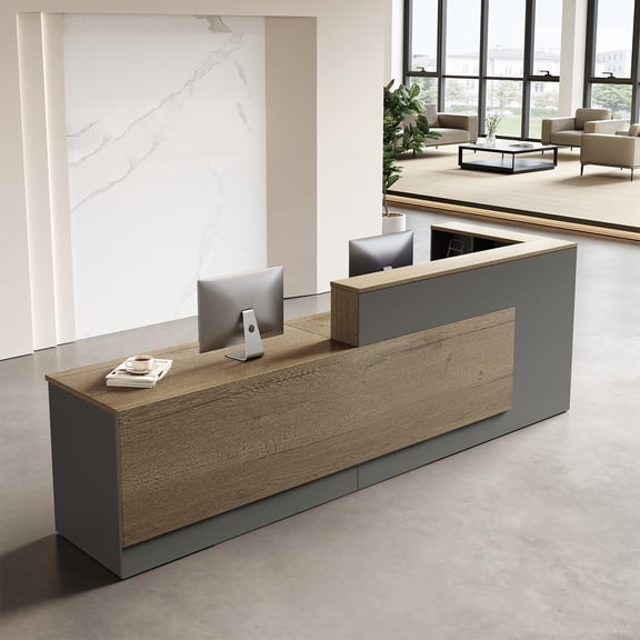 L-Shaped Reception Desk with Lockable Drawers and Storage Shelves, Multi-Functional Computer Desk for Office (Left Hand L-Shaped; Tobacco Wood & Iron Gray; 63"Lx 24"W x 41"H)