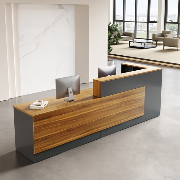 L-Shaped Reception Desk with Lockable Drawers and Storage Shelves, Multi-Functional Computer Desk for Office (Left Hand L-Shaped; Walnut & Iron Gray; 87"Lx 24"W x 41"H)
