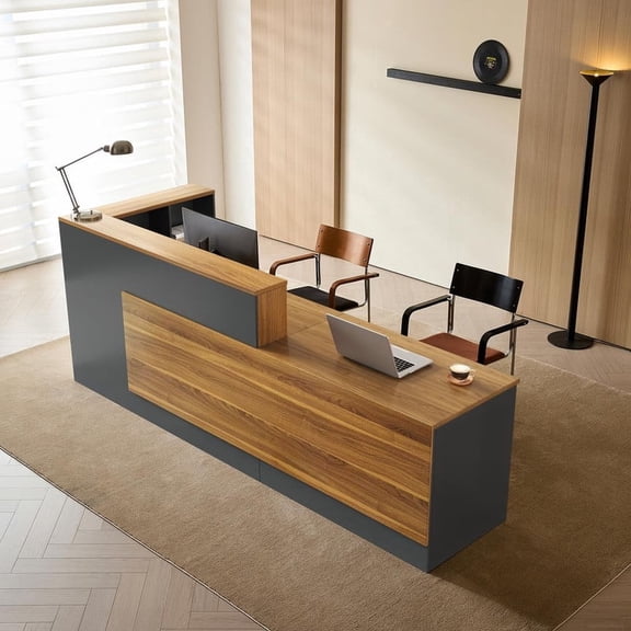 L-Shaped Reception Desk with Lockable Drawers and Storage Shelves, Multi-Functional Computer Desk for Office (Right Hand L-Shaped; Walnut & Iron Gray; 94"Lx 24"W x 41"H)