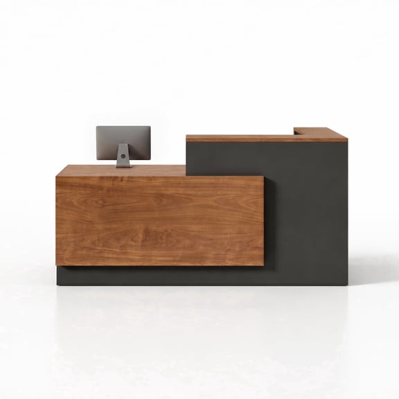 YTelantivo Commercial Reception Desk, 63-inch L-Shaped, Left Return, Raised Counter, Lockable Storage, Iron Grey and Walnut