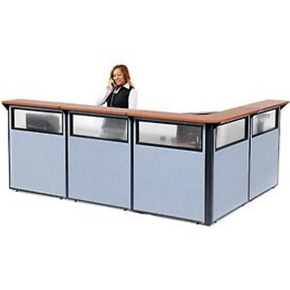 L-Shaped Reception Station Panel with Window Counter - Blue & Cherry - 116 x 80 x 44 in.