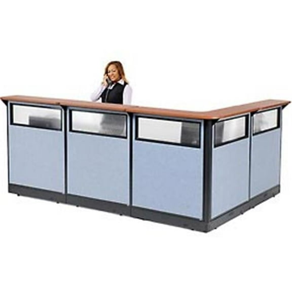 L-Shaped Reception Station Panel with Window & Raceway Counter - Blue & Cherry - 116 x 80 x 46 in.