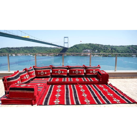 L Shaped Red Arabic Sofa, Convertible Sofa, Floor Pillows, Sleeper Sofa, Modular Sofa, L Shaped Sectional, Floor Lounger, Couch Beds