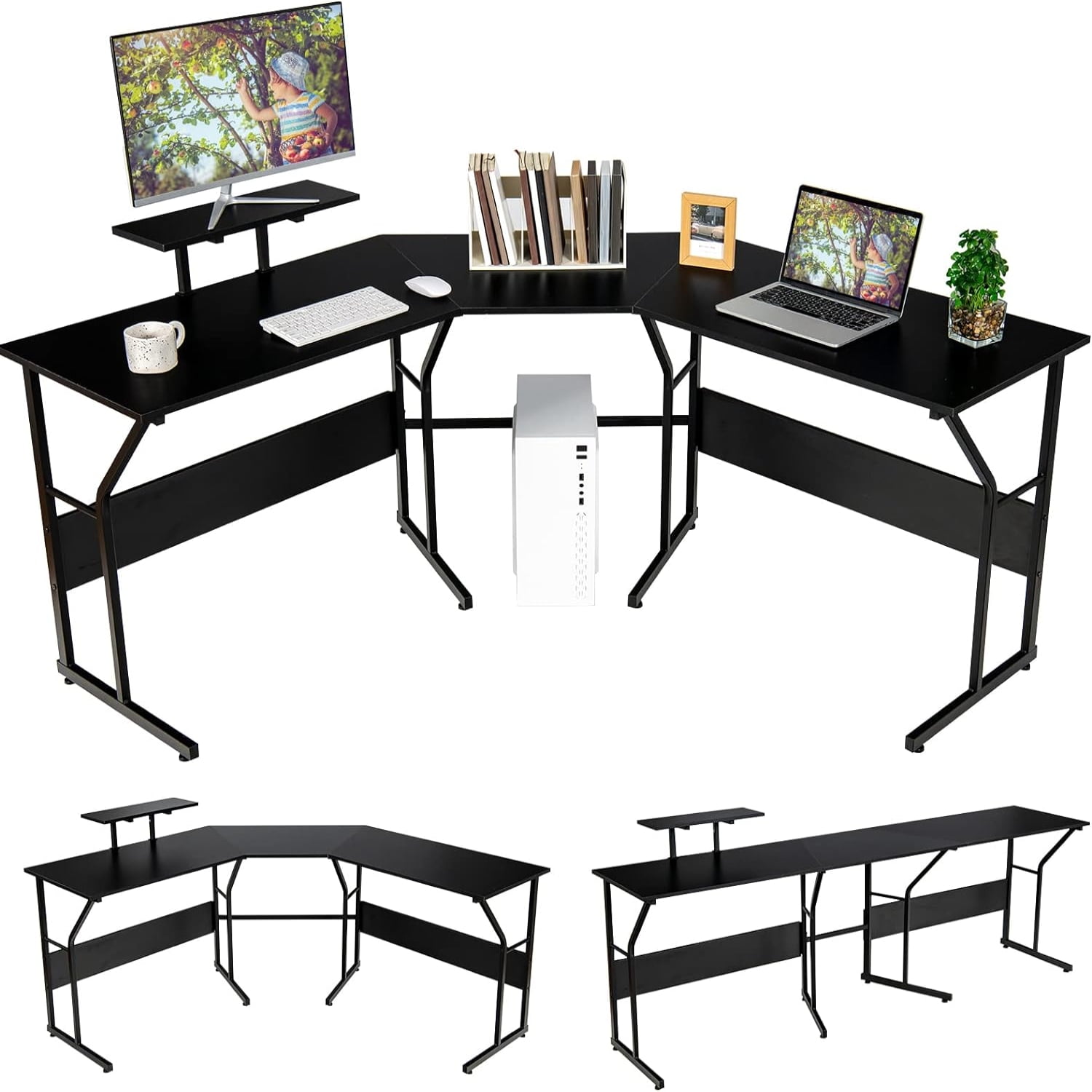 LShaped Reversible Computer Desk 2 Person Long Computer Workstation w/Movable Monitor Stand