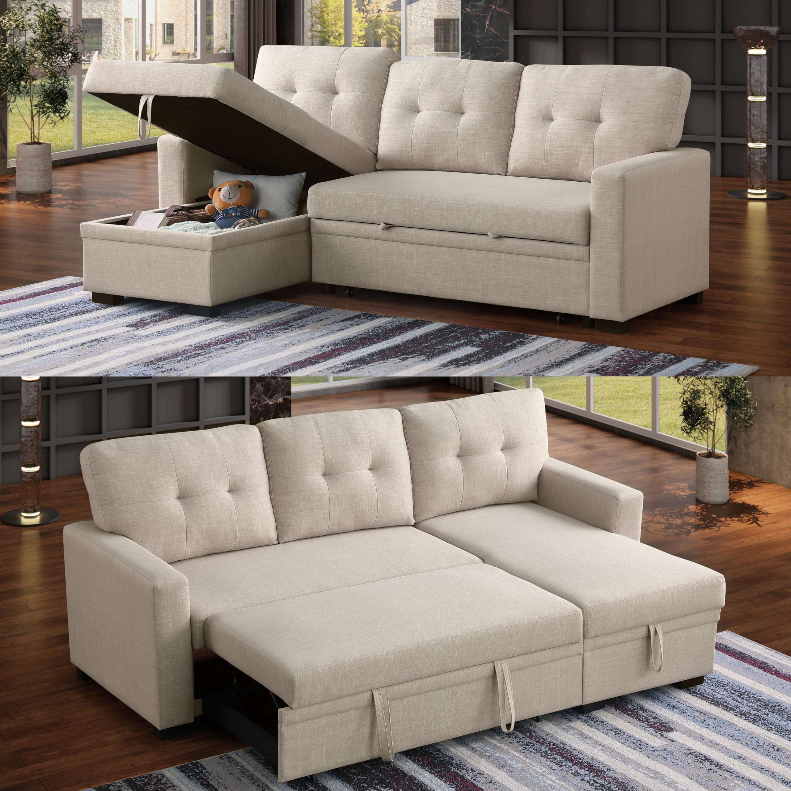 L-Shaped Reversible Sectional Sleeper Sofabed, Linen Upholstered Tufted ...