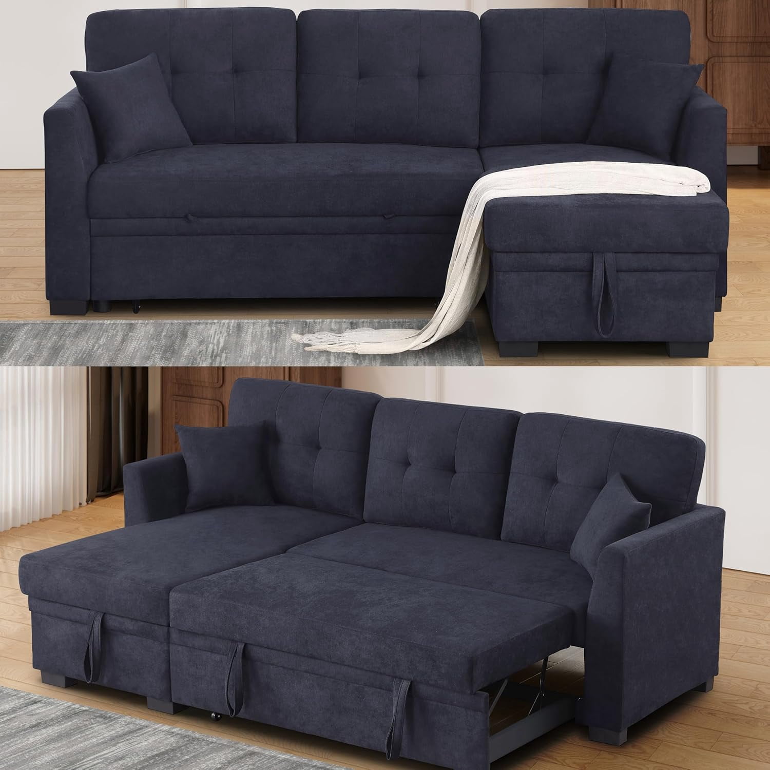 L-Shaped Reversible Sleeper Sectional Sofa with Storage Chaise, Modern ...