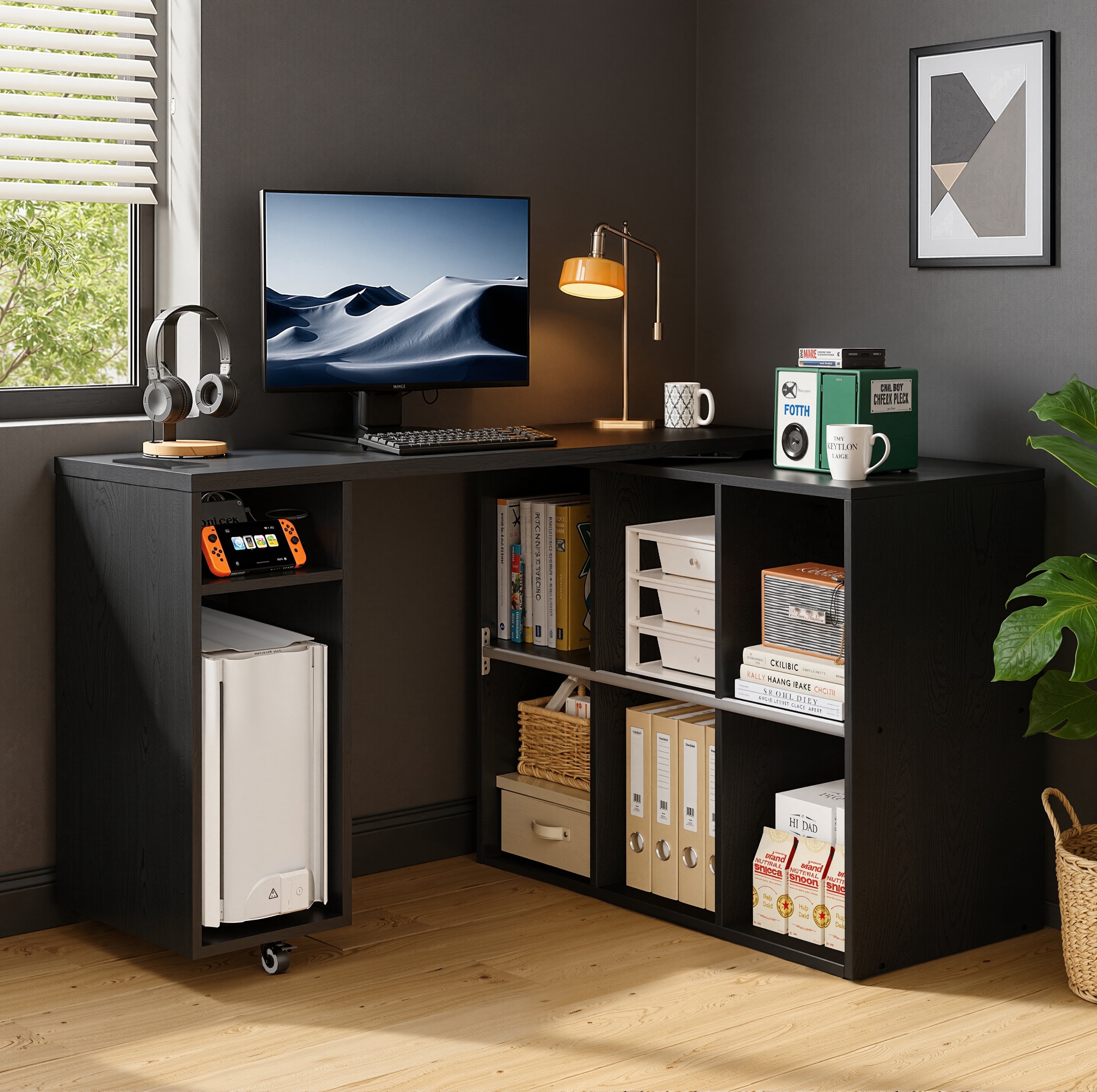 BOSHIRO L-Shaped Rotating Desk with Power Outlets, USB Ports & 6 Storage Shelves, 360° Swivel Computer Desk with Bookshelf for Home Office, Bedroom or Study (Black)