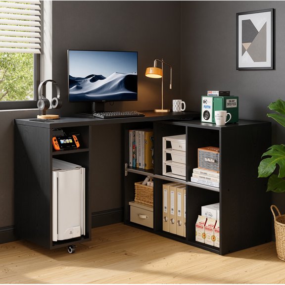 BOSHIRO L-Shaped Rotating Desk with Power Outlets, USB Ports & 6 Storage Shelves, 360° Swivel Computer Desk with Bookshelf for Home Office, Bedroom or Study (Black)