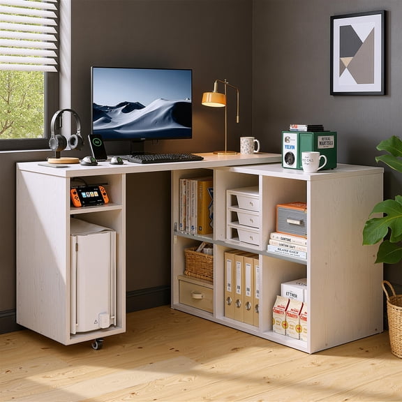 BOSHIRO L-Shaped Rotating Desk with Power Outlets & 6 Shelves – 360° Swivel Computer Table for Home Office (White)