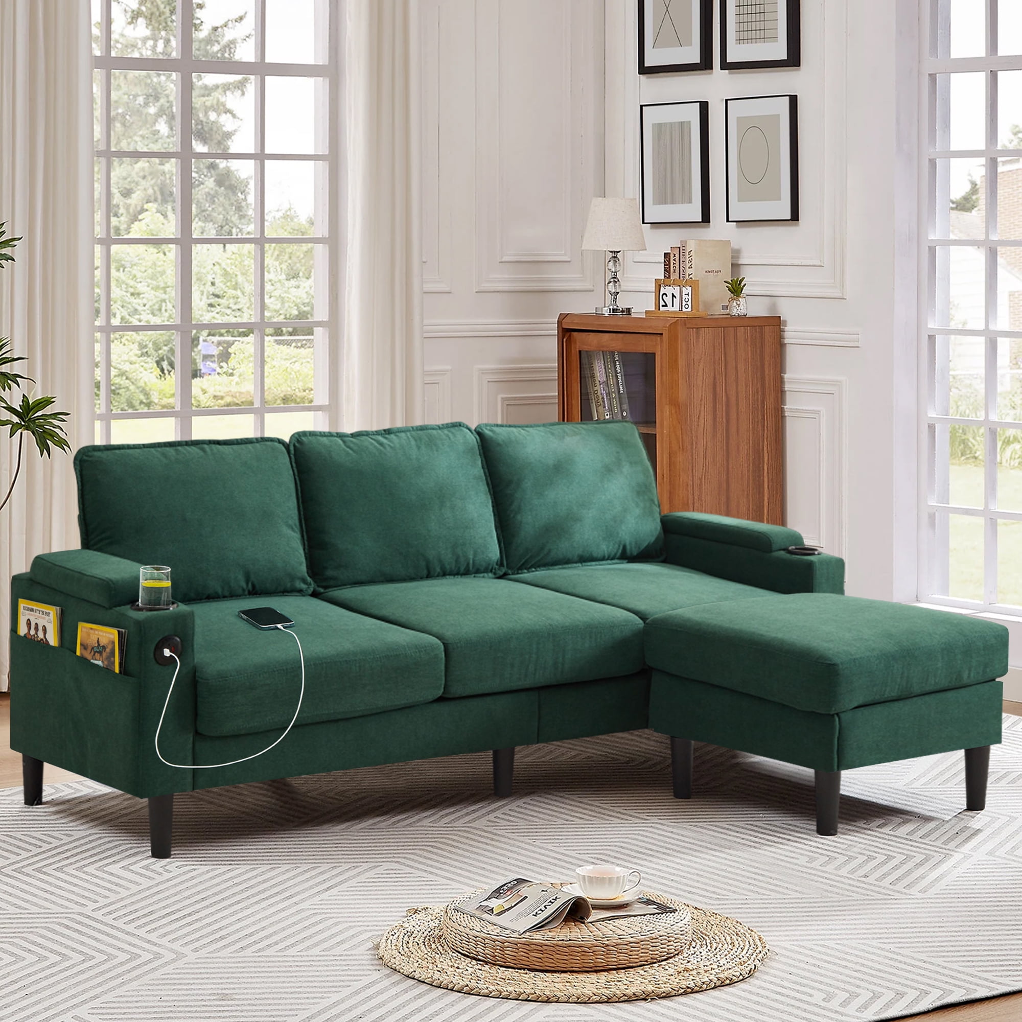 L-Shaped Seciton Sofa with Storage Ottoman, Modern Linen Fabric Reversible 3-Seater Sofa Couch with USB Port and Side Pocket for Living Room, Small Space Apartment, Green