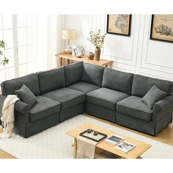 L Shaped Sectional , 5 Comfortable Couch With Foam Filling, Dark Gray Upholstery For Home Comfy Couch, 5 Seat Modular Pocket Spring, Decor