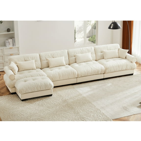 L Shaped Sectional Cloud Sofa, Convertible 4-Seater Modular Couch in Cream Velvet, Deep Seat, Bolster Armrests, for Living Room, Ultimate Comfort