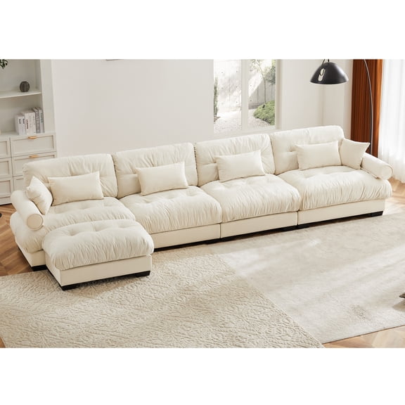 L Shaped Sectional Cloud Sofa , Convertible Deep 4 Seater Modular Couch for Living Room,Modern Velvet Comfy Upholstered Corner Couch Waist Pillows, Throw Pillows and Blostered Armrests,Cream