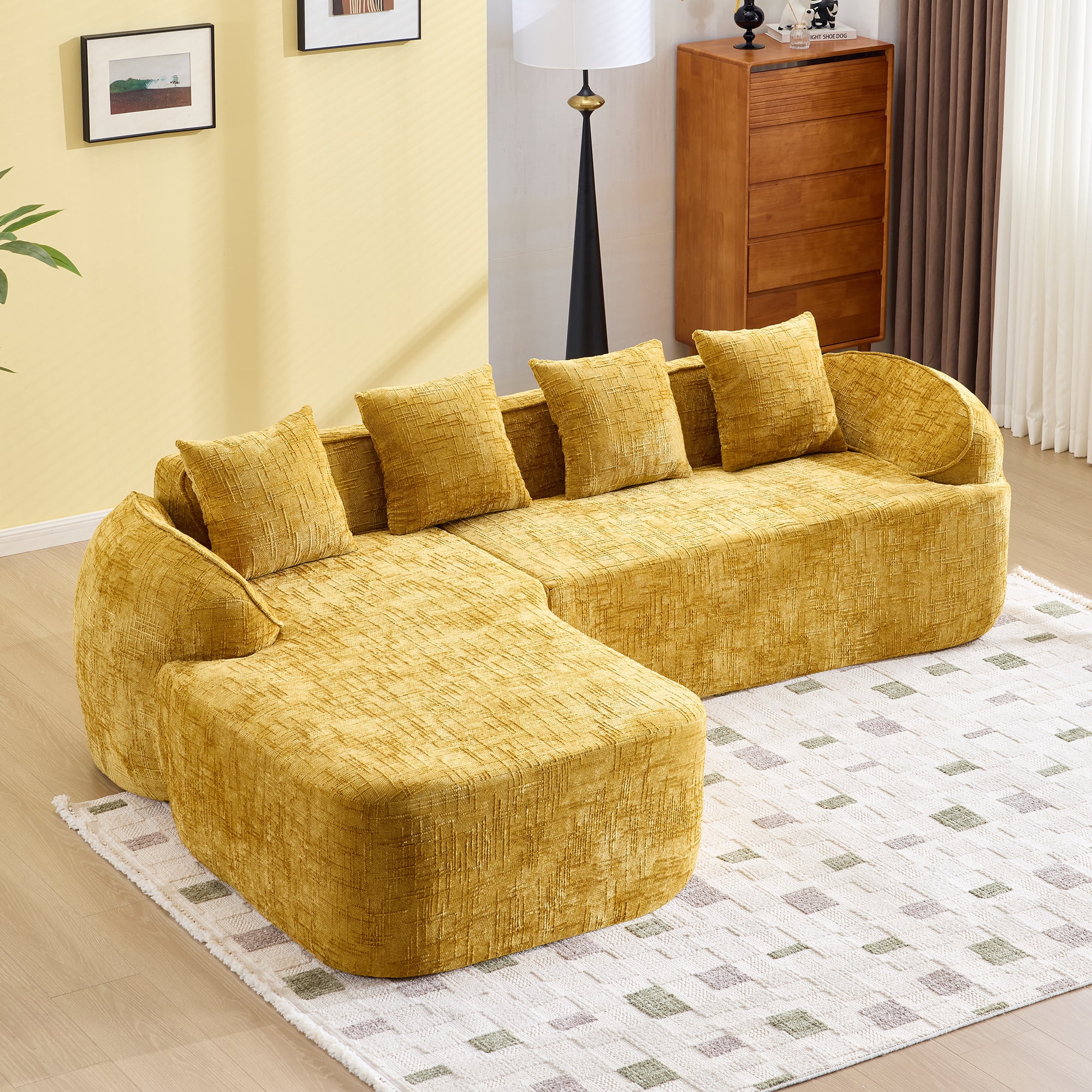 L-Shaped Sectional, Compressed Sofa with Chenille Fabric and Sponge Spring Support, No Assembly Couch for Living Room, 101" x 67" Yellow