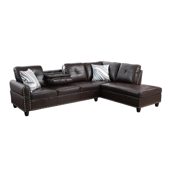 L Shaped Sectional Couch,4-Seat Faux Leather Sofa Sets, Modern Nailhead Lounge Sofa, Modern Living Room Furniture Sets Reversible Cup Holder,Brown