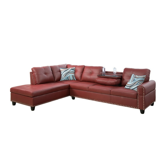 L Shaped Sectional Couch,4-Seat Faux Leather Sofa Sets, Modern Nailhead Lounge Sofa, Modern Living Room Furniture Sets Reversible Cup Holder,Red