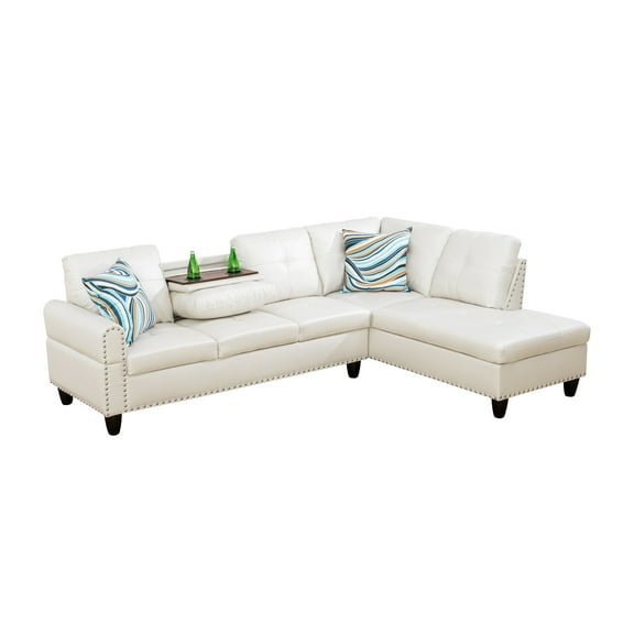 L Shaped Sectional Couch,4-Seat Faux Leather Sofa Sets, Modern Nailhead Lounge Sofa, Modern Living Room Furniture Sets Reversible Cup Holder,White