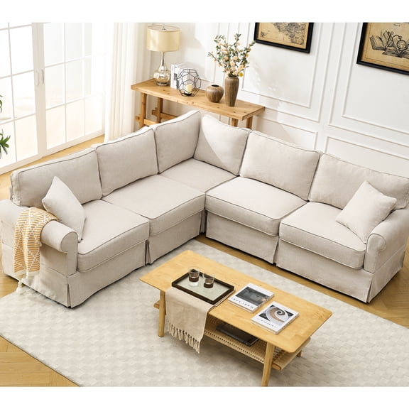 L Shaped Sectional Couch, 5 Seat Beige Reversible, Upholstered With High Sponge And Stable Base Comfy , Upholstery Soft Linen Fabric