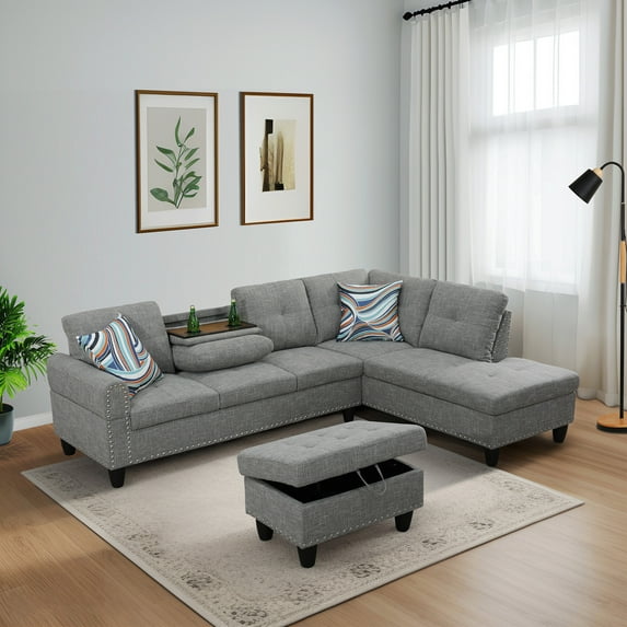 L Shaped Sectional Couch, Modern Nailhead Lounge Sofa, Modular Sectional Sofa with Reversible Cup Holder,4-Seat Linen Sectional Sofa Sets, Modern Living Room Furniture Sets,Brown Grey