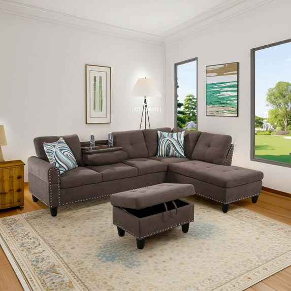 L Shaped Sectional Couch, Modern Nailhead Lounge Sofa, Modular Sectional Sofa with Reversible Cup Holder,4-Seat Linen Sectional Sofa Sets, Modern Living Room Furniture Sets,Brown