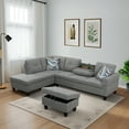 thumbnail image 1 of L Shaped Sectional Couch, Modern Nailhead Lounge Sofa, Modular Sectional Sofa with Reversible Cup Holder,4-Seat Linen Sectional Sofa Sets, Modern Living Room Furniture Sets,Brown Grey, 1 of 11