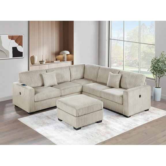 L-Shaped Sectional Couch One Arm Loveseat w USB Corner Wedge Cocktail Ottoman 4pc Sectional Set Camel Corduroy