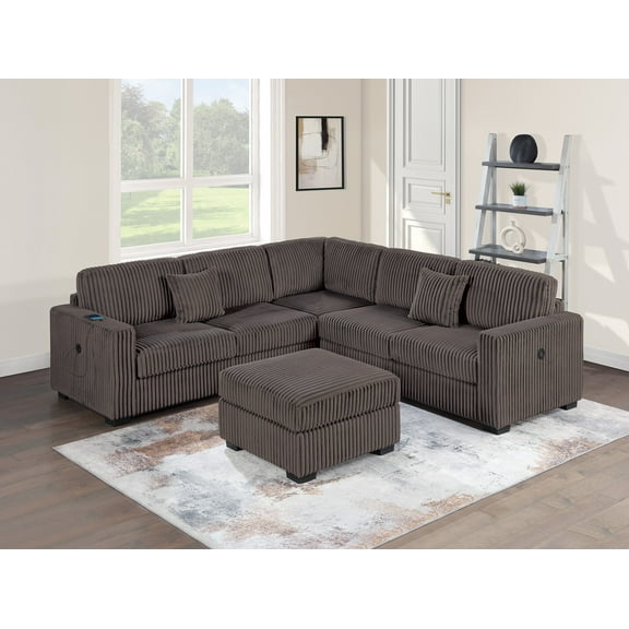 L-Shaped Sectional Couch One Arm Loveseat w USB Corner Wedge Cocktail Ottoman 4pc Sectional Set Chocolate Corduroy
