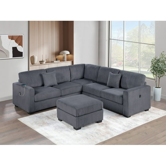 L-Shaped Sectional Couch One Arm Loveseat w USB Corner Wedge Cocktail Ottoman 4pc Sectional Set Dark Gray