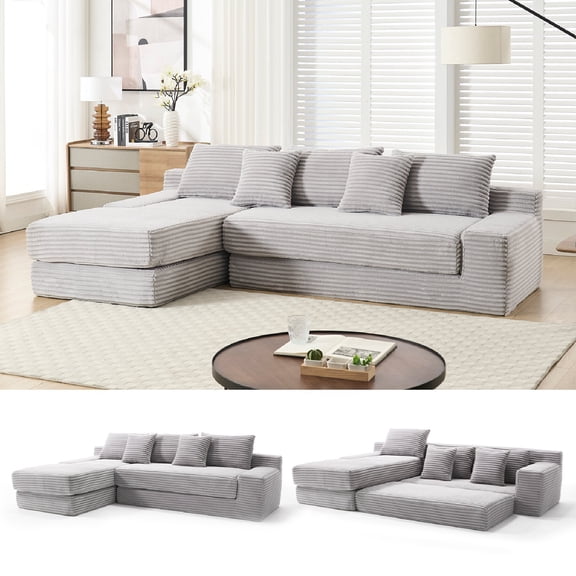 L-Shaped Sectional Couches for Living Room with Memory Foam and Steel Frame, No Assembly Convertible Sofa Bed, Corduroy Fabric Compression Sofa, Modular Couch for Bedrooms, Home Theater, Light Gray