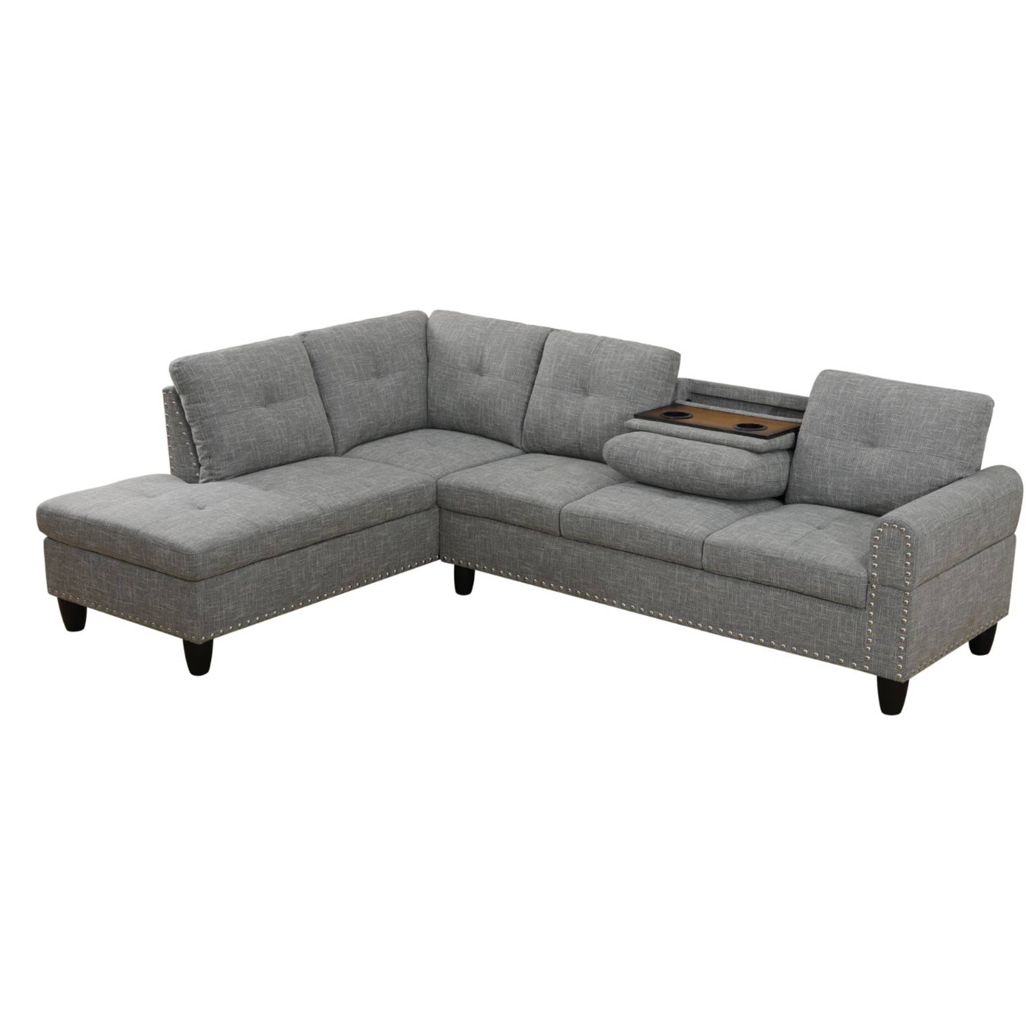 L Shaped Sectional Couches, Modular Corner Sofa with Cup Holder Lounge Sofa with Left Chaise for Living Room, Light Grey