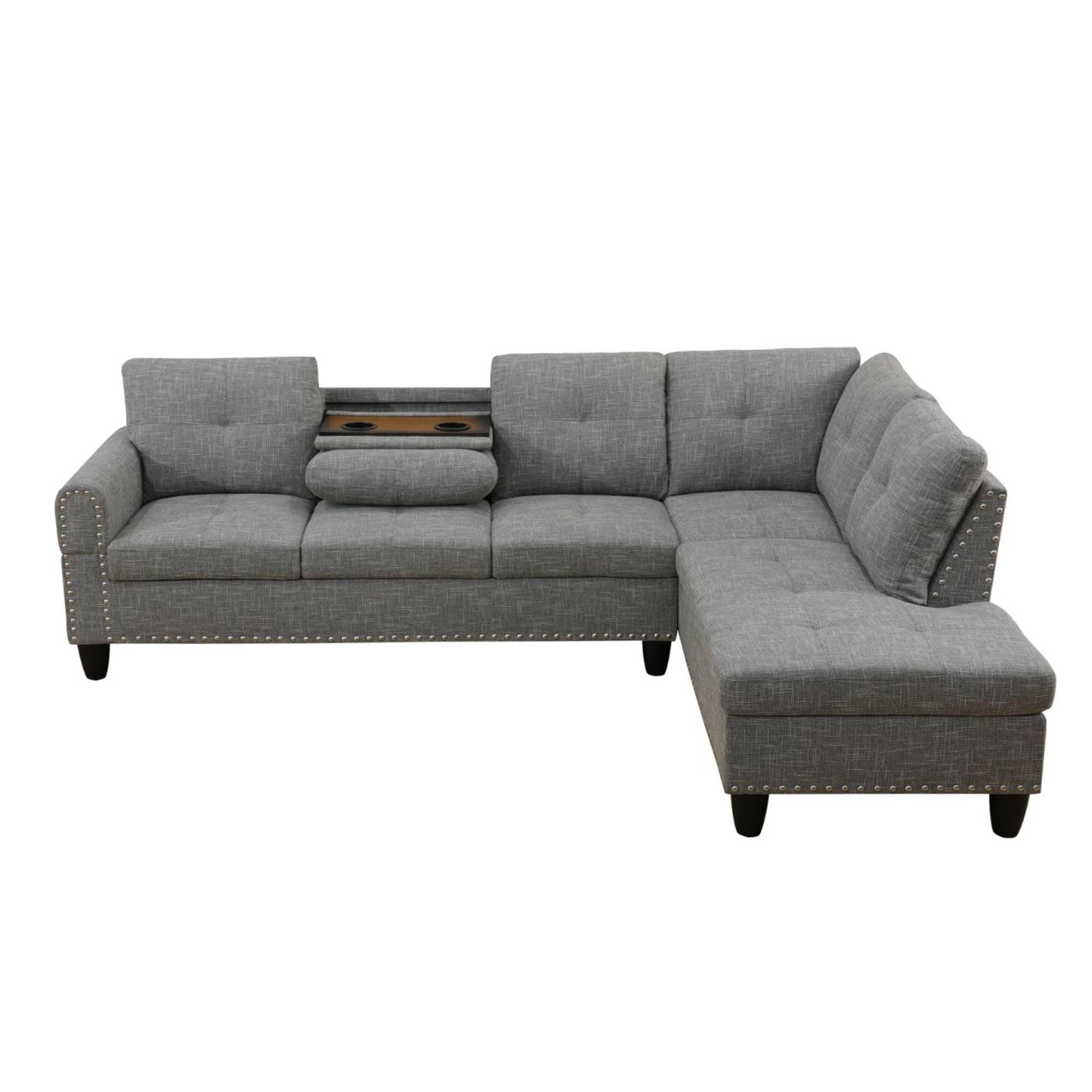 L Shaped Sectional Couches, Modular Corner Sofa with Cup Holder Lounge Sofa with Right Chaise for Living Room, Light Grey