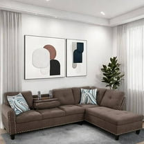 L Shaped Sectional Couches, Modular Fabric Corner Sofa with Cup Holder Lounge Sofa with Right Chaise for Living Room, Brown