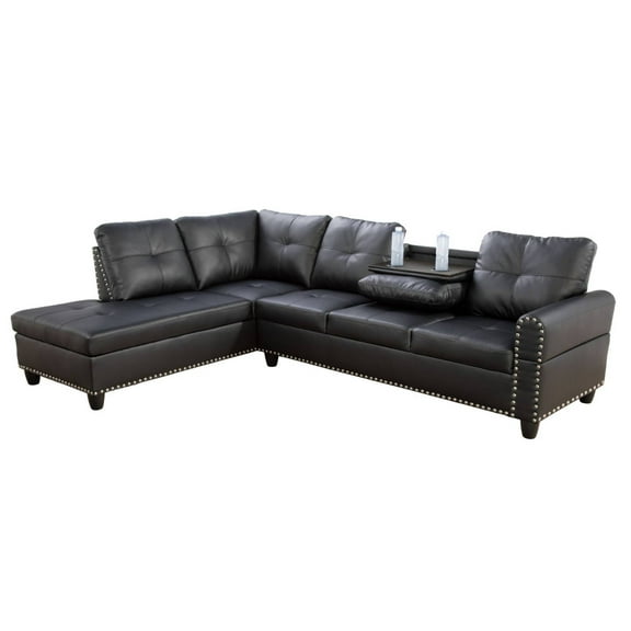 L Shaped Sectional Couches, Modular Leather Corner Sofa with Cup Holder Lounge Sofa with Left Chaise for Living Room, Black