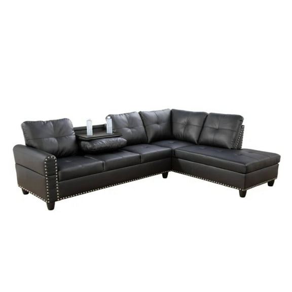 L Shaped Sectional Couches, Modular Leather Corner Sofa with Cup Holder Lounge Sofa with Right Chaise for Living Room, Black