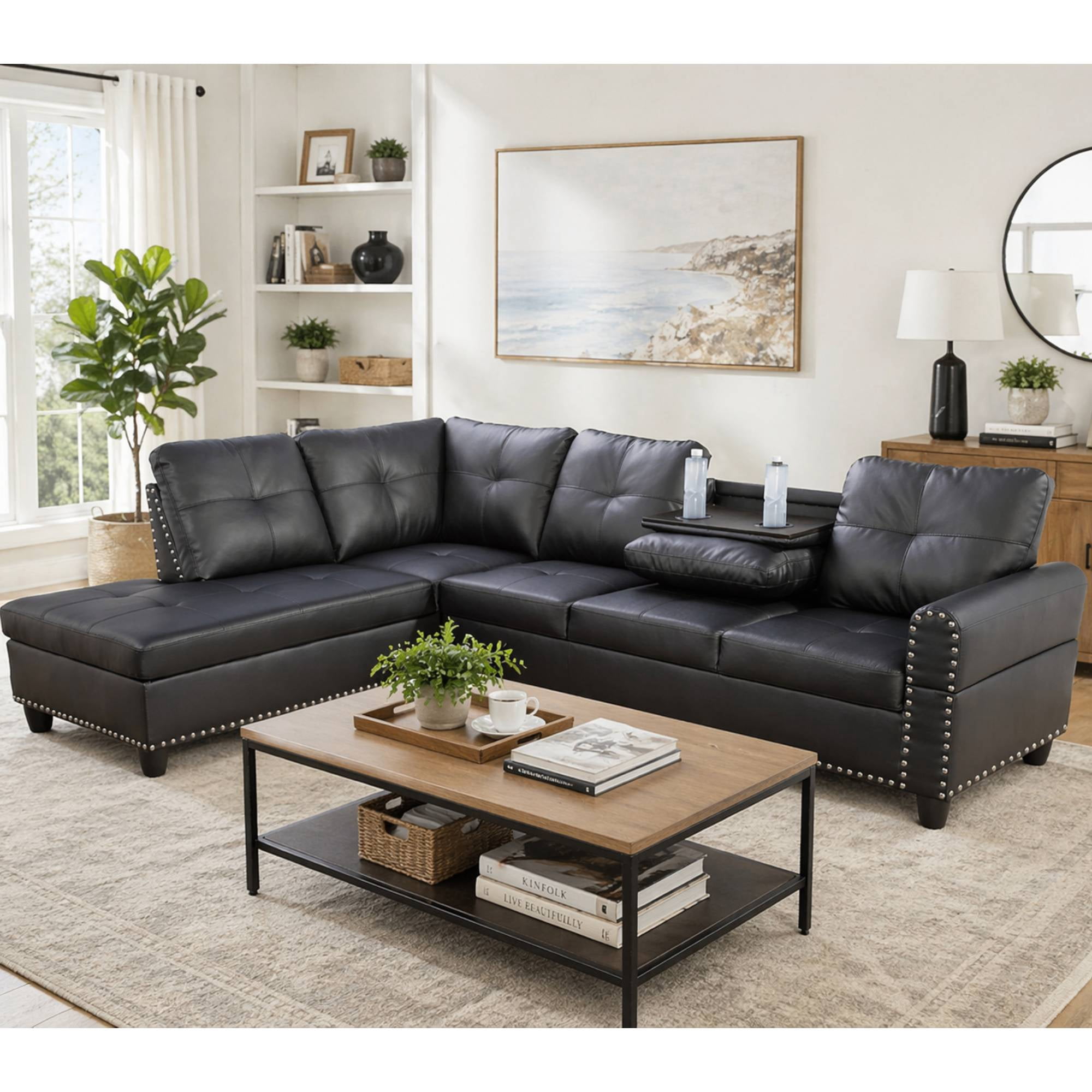 L Shaped Sectional Couches, Modular Leather Corner Sofa with Cup Holder Lounge Sofa with Right Chaise for Living Room, Black