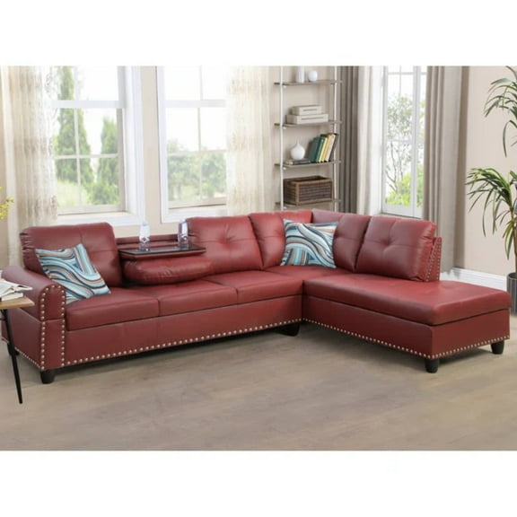 L Shaped Sectional Couches, Modular Leather Corner Sofa with Cup Holder Lounge Sofa with Right Chaise for Living Room, Red