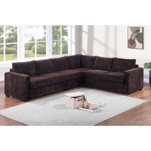 L-Shaped Sectional Set 4pc One Arm Loveseat Armless Chair Corner Wedge Cushion Back Plastic Leg Corduroy Upholstered Coffee Finish Primary Living Room