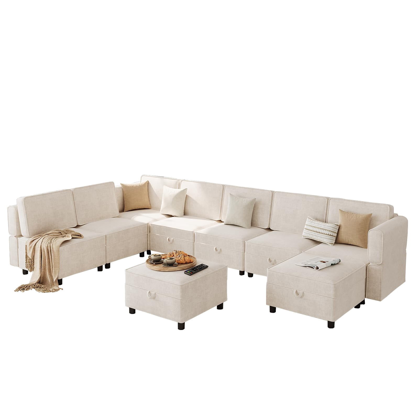 L Shaped Sectional Sleeper Sofa Couch with Storage Ottoman, 9-Seat