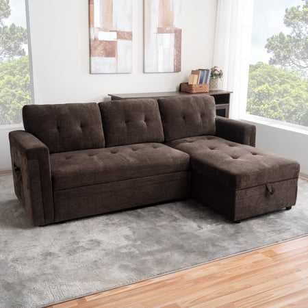 L-Shaped Sectional Sleeper Sofa with Pull-Out Bed, USB Ports, and Storage – Modern Convertible Couch with Sturdy & Timeless Design, Espresso, Microfiber