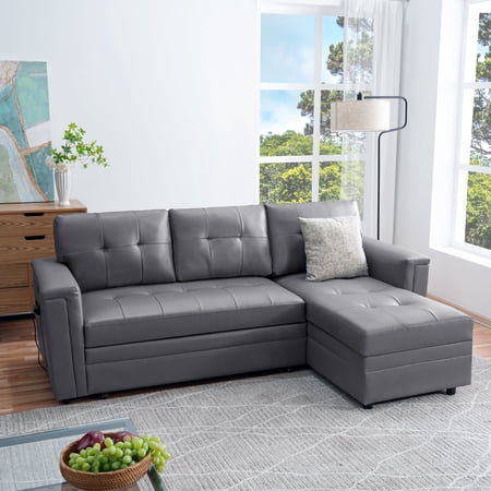 L-Shaped Sectional Sleeper Sofa with Pull-Out Bed, USB Ports, and Storage – Modern Convertible Couch with Sturdy & Timeless Design, Gray, Air Leather
