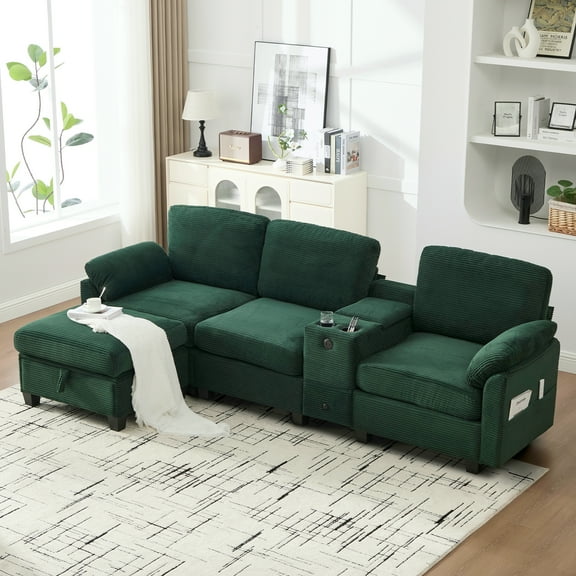 L-Shaped Sectional Sofa, 4-Seater Corduroy Sofa with Movable Console, Cup Holders, USB Charging, Storage Ottoman and Hidden Compartments, Modern Living Room Furniture, Emerald